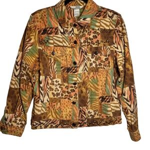 Stonebridge Women's Sz‎ Petite Medium Patchwork Animal Print Studded Jean Jacket